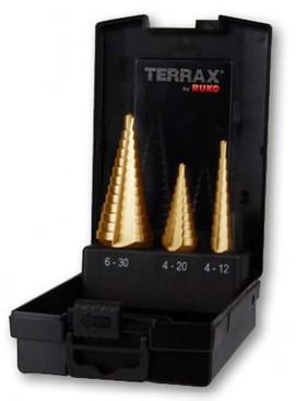 Sada stupňovitých vrtáků TERRAX, HSS-TiN,  3 ks